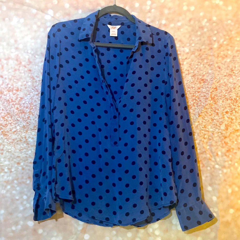 Joe Fresh blue/black polta dot silk long sleeve blouse Size M
